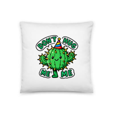 Cute Cactus Pillow - 'Don't Hug Me' Party Hat Design, 18"x18" Basic Pillow