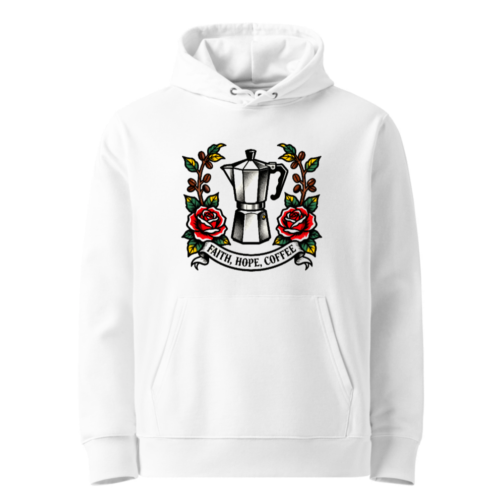 Unisex Eco Hoodie with Coffee Maker & Roses Design | Faith, Hope, Coffee