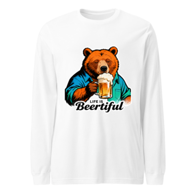 Life Is Beertiful Bear Beer Lover Unisex Long Sleeve Tee - Cute Bear Drinking Beer Shirt