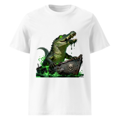 Unisex Organic Cotton T-Shirt: Green Crocodile Ferryman of the Styx Boat Graphic Tee