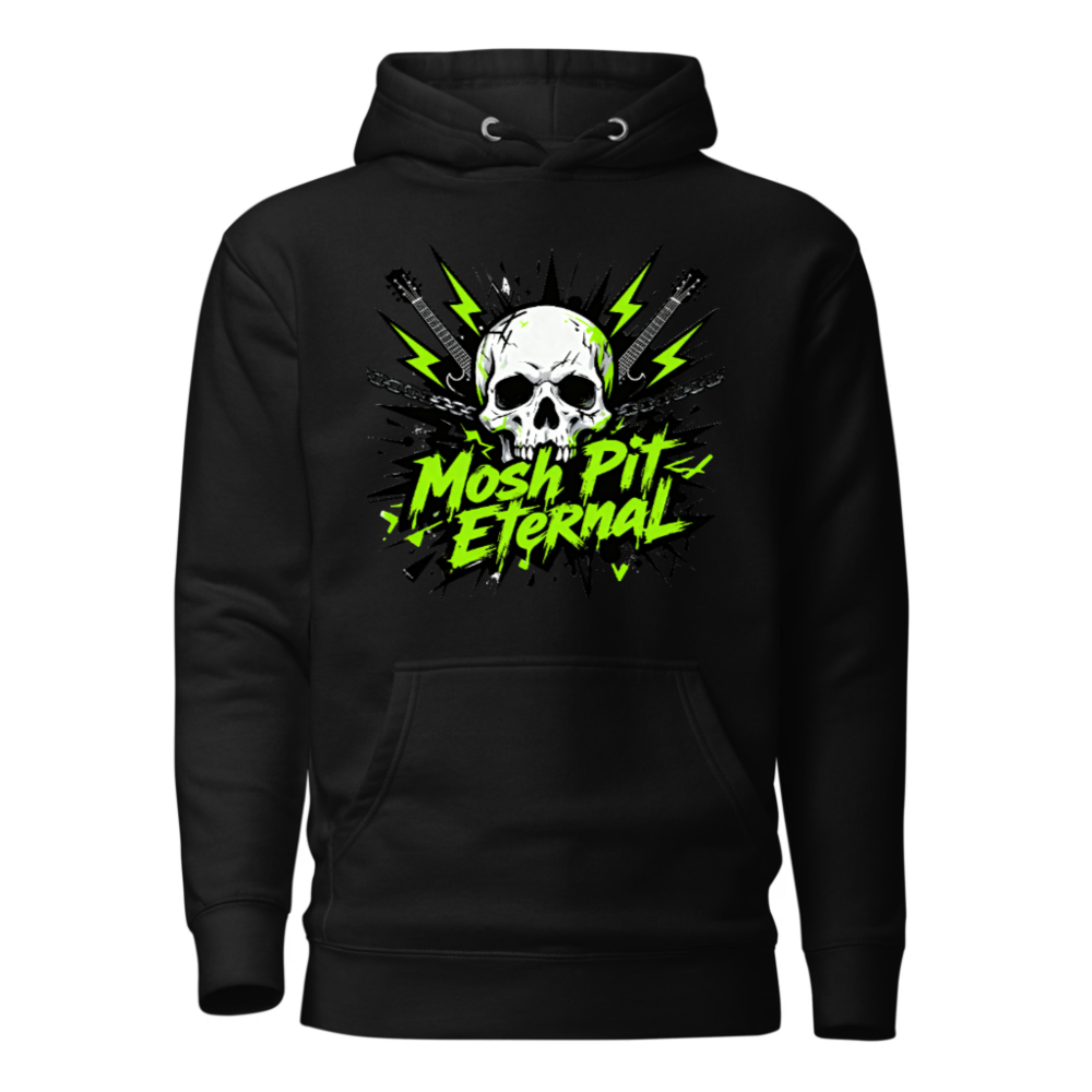 Mosh Pit Eternal Unisex Hoodie - Black Premium Pullover with Skull & Guitar Design