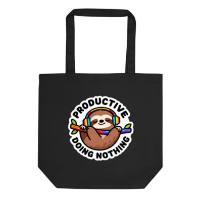 Eco Black Tote Bag | Productive Sloth with Rainbow Headphones