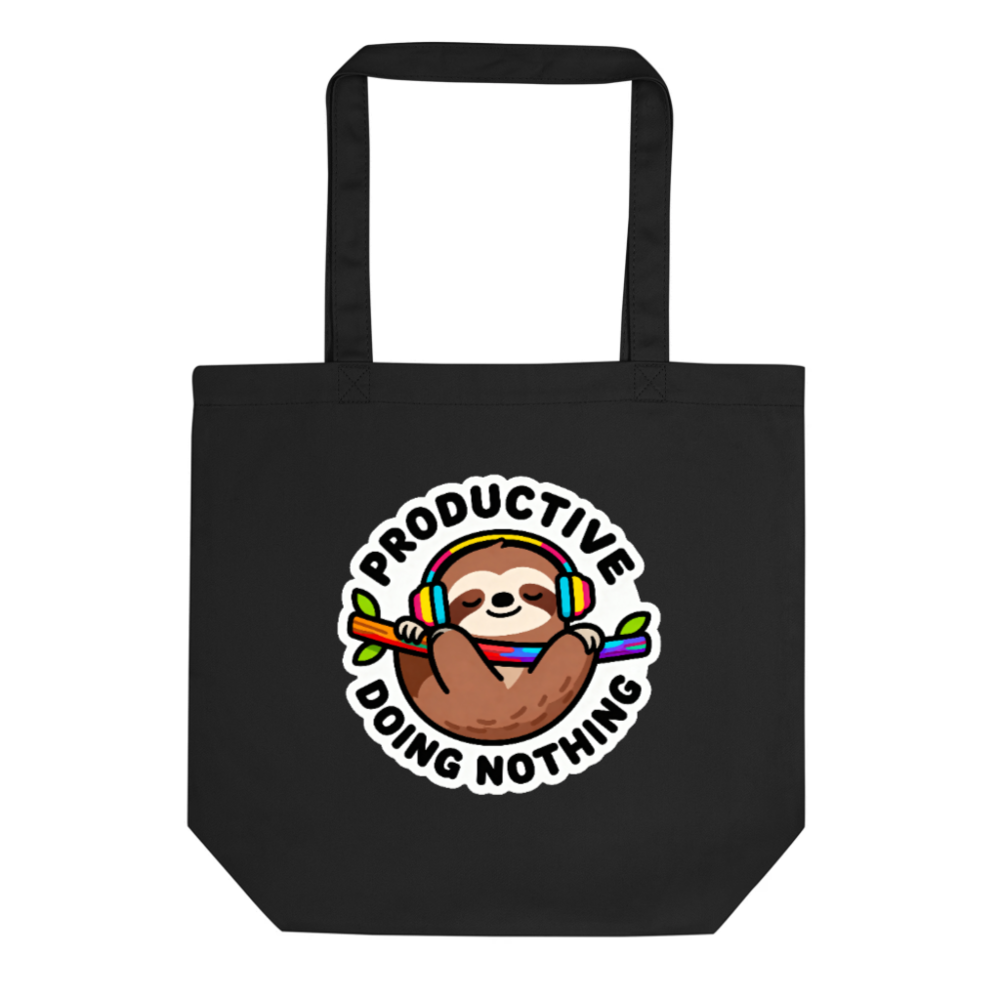 Eco Black Tote Bag | Productive Sloth with Rainbow Headphones
