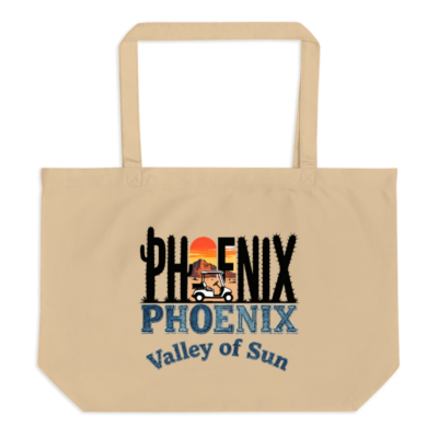 Phoenix Valley of Sun Organic Tote Bag - Large Eco-Friendly Cotton Tote with Golf Cart & Cactus Design
