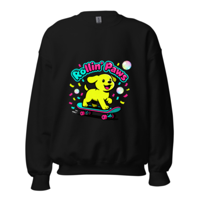Rollin' Paws Unisex Crew Neck Sweatshirt | Yellow Puppy Skateboard Graphic
