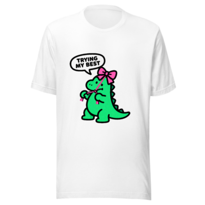 Unisex Green Dino T-Shirt - 'Trying My Best' Bow Design, Soft Cotton Staple Tee
