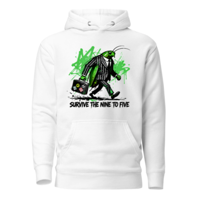 Unisex Premium Pullover Hoodie - Green Grasshopper in Suit Walking with Briefcase | Survive the Nine to Five
