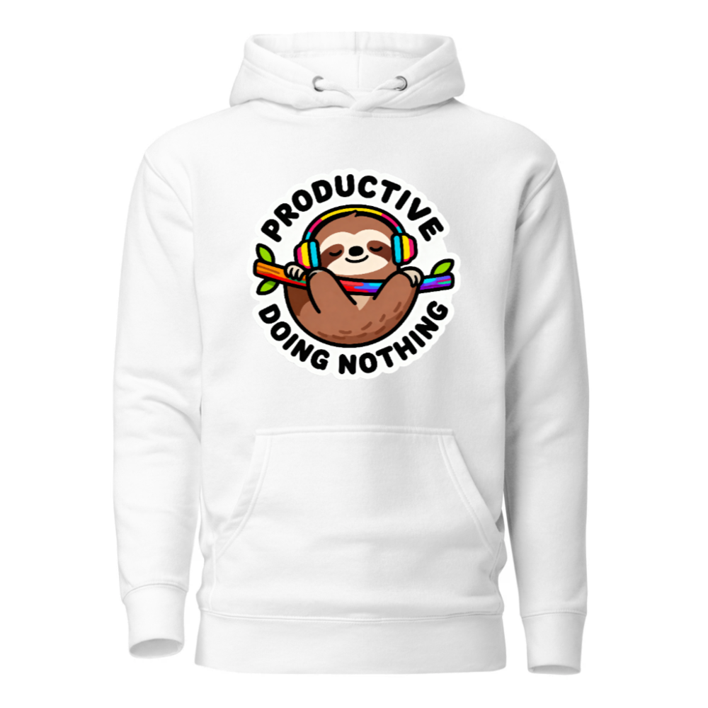 Unisex Premium Pullover Hoodie - Productive Doing Nothing Sloth with Rainbow Headphones