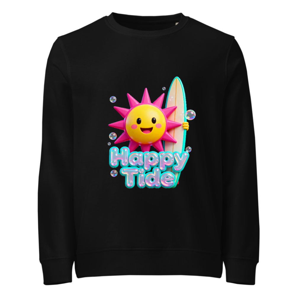 Happy Tide Unisex Organic Sweatshirt | Eco-Friendly Surfer Sun Design