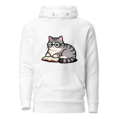 Unisex Premium Pullover Hoodie - Cute Book-Loving Cat with Glasses Design