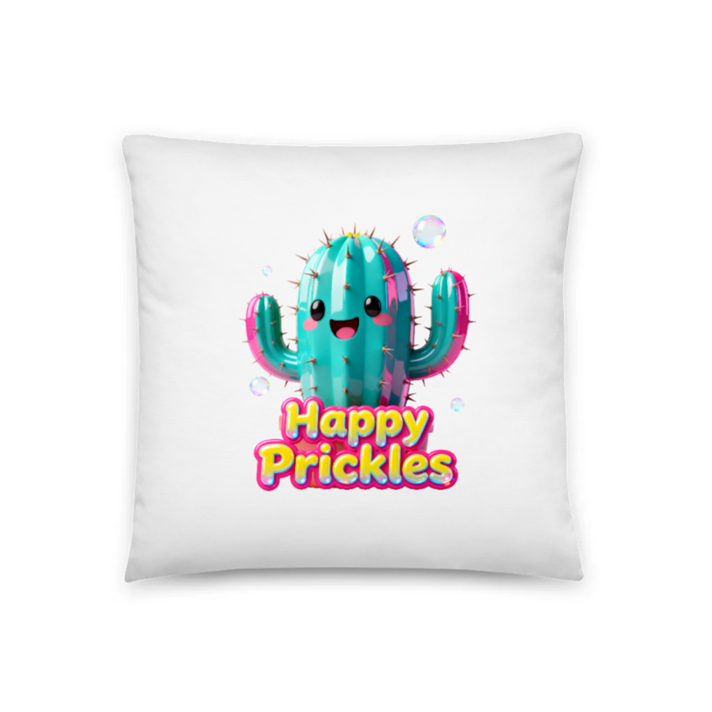 Happy Prickles Cactus Pillow 18"x18" - Cute Teal & Pink Kawaii Suede Pillowcase
