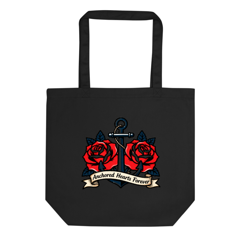 Eco Black Tote Bag with Anchor & Roses Design | Anchored Hearts Forever