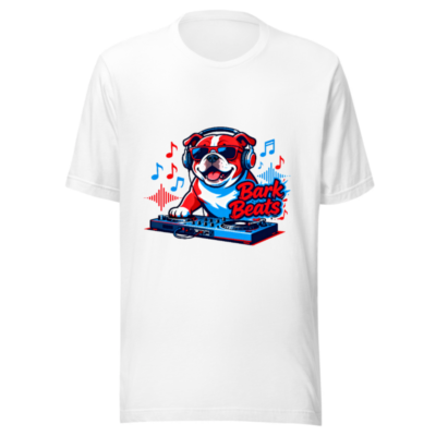 Bark Beats DJ Bulldog Unisex T-Shirt | Red White Blue Music Tee