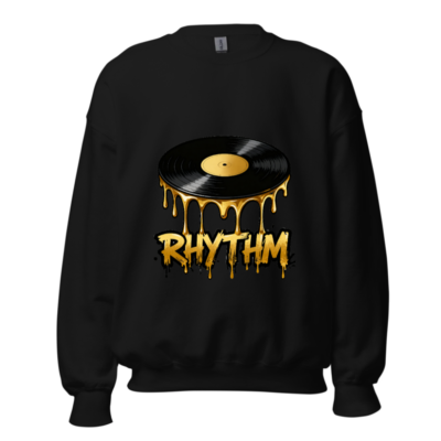Rhythm Vinyl Record Sweatshirt - Unisex Crew Neck, Gold Drip Design
