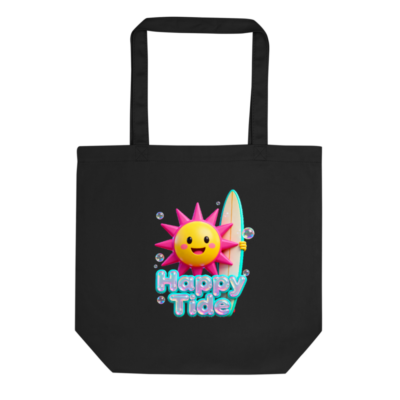 Eco Black Tote Bag | Happy Tide Sun Surf Design | Sustainable Reusable Shopping Tote