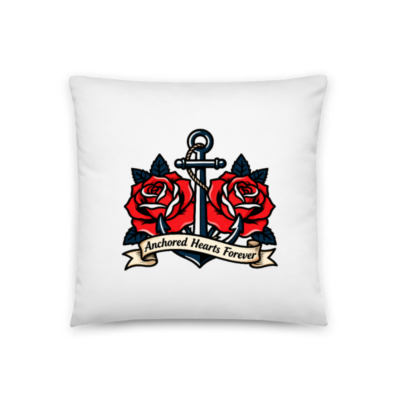 Anchored Hearts Forever Anchor & Roses Pillow 18"x18" - Nautical Tattoo Design