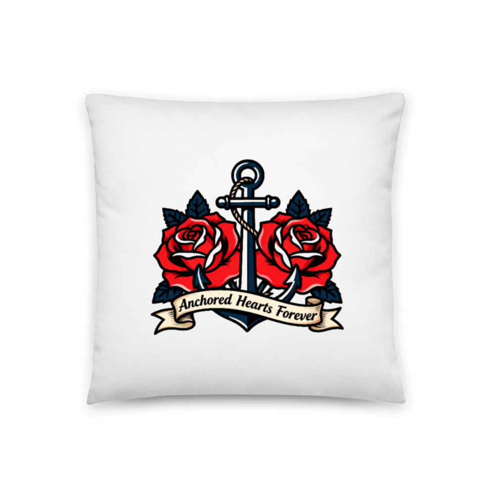 Anchored Hearts Forever Anchor & Roses Pillow 18"x18" - Nautical Tattoo Design