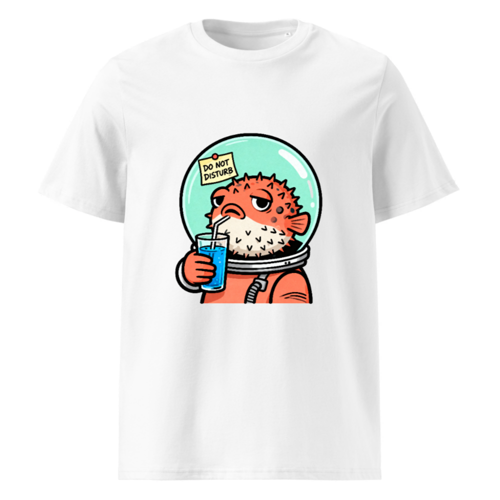 Unisex Organic Cotton T-Shirt | Puffer Fish Astronaut Drinking Blue Juice, 'Do Not Disturb' Note