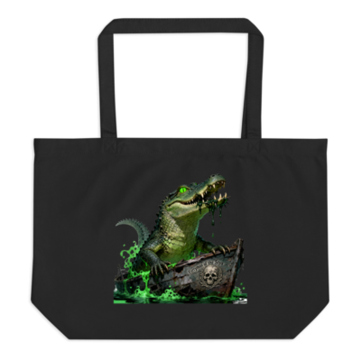 Organic Crocodile Tote Bag | Black Eco-Friendly Large Tote with Green Gator Design