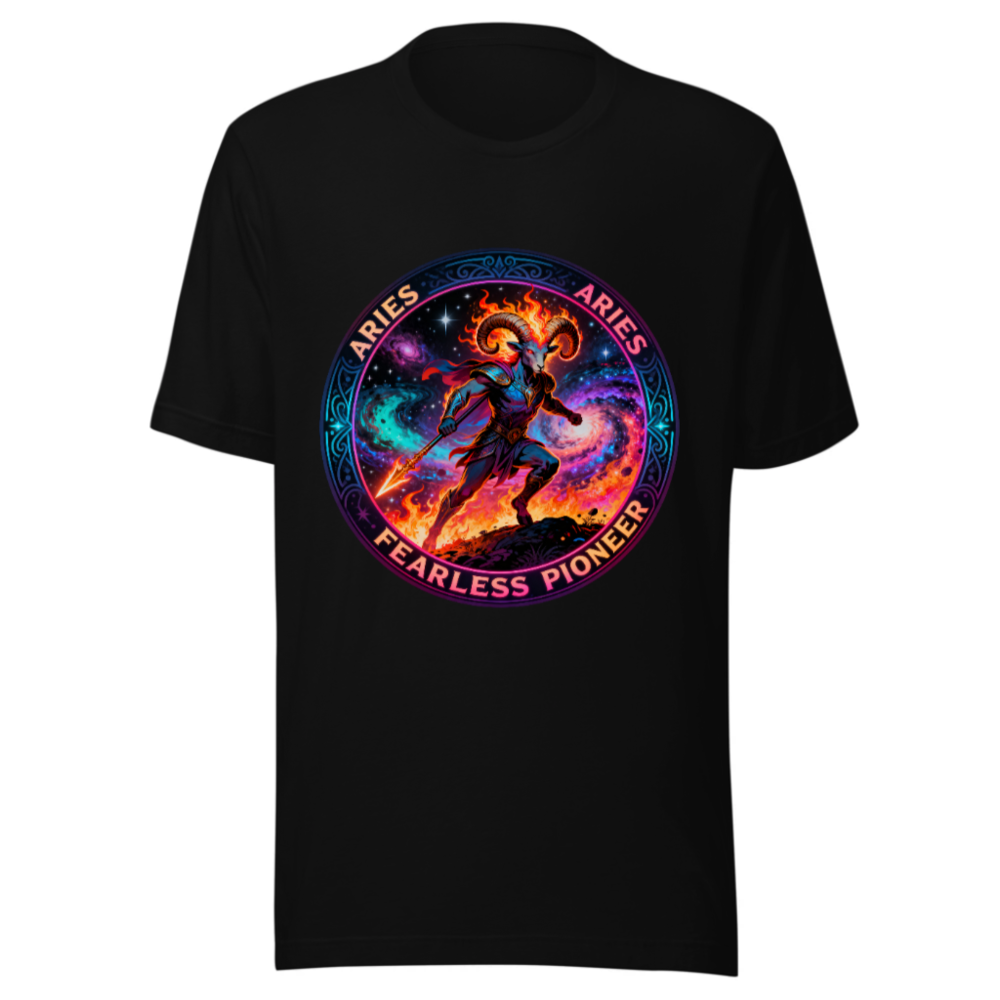 Aries Fearless Pioneer Unisex T-Shirt - Cosmic Ram Warrior Design