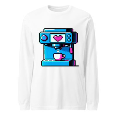 Pixel Art Coffee Machine Unisex Long Sleeve Tee - Blue & Pink Retro Design