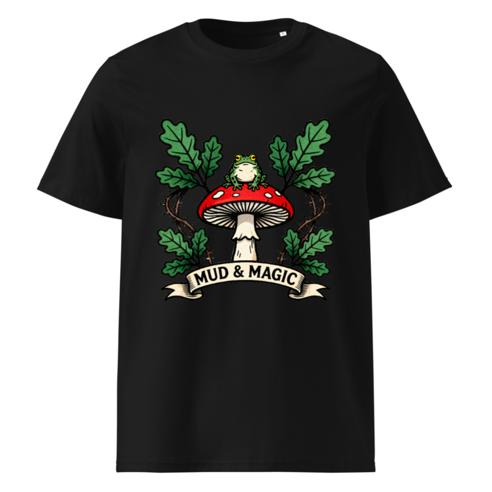 Unisex Organic Cotton T-Shirt - Mud & Magic Frog on Red Mushroom Design