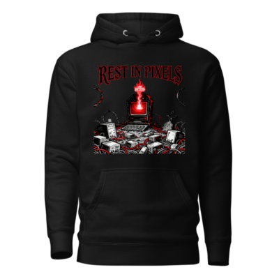 Rest in Pixels Unisex Hoodie | Premium Pullover with Retro Gaming Graveyard Design