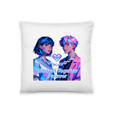 Glitched Together Forever Pillow 18x18" - Pixel Art Couple Design, Neon Geometry, Digital Love