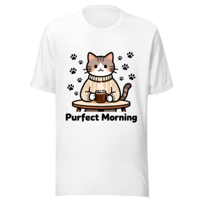 Unisex Staple T-Shirt - Purfect Morning Cat with Coffee & Paw Prints