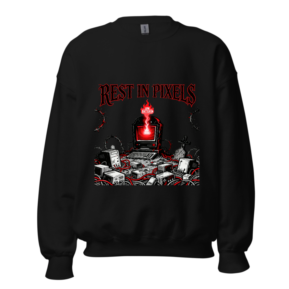 Rest in Pixels Unisex Crew Neck Sweatshirt | Gothic Tech Graveyard Design