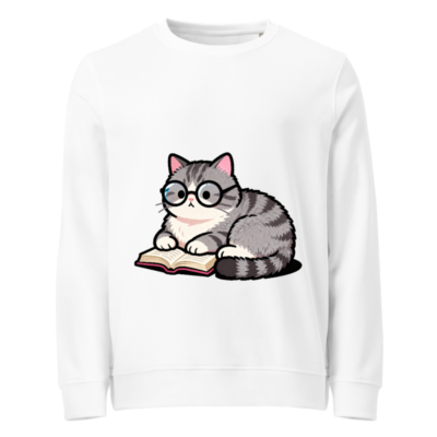 Unisex Organic Sweatshirt with Cute Cat Reading Book Design