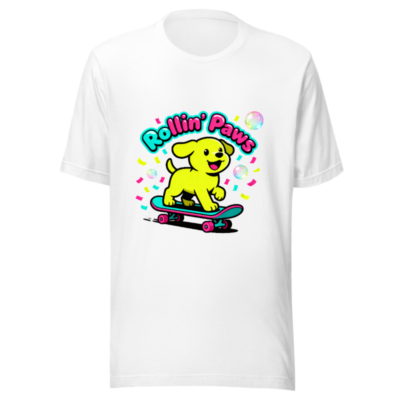 Unisex Staple T-Shirt | Rollin' Paws Yellow Puppy Skateboard Graphic Tee