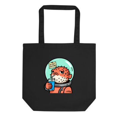 Eco Black Tote Bag | Pufferfish Astronaut Drinking Blue Juice, 'Do Not Disturb' Sign