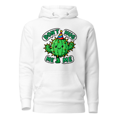 Unisex Premium Pullover Hoodie - 'Don't Hug Me' Cactus with Party Hat Design