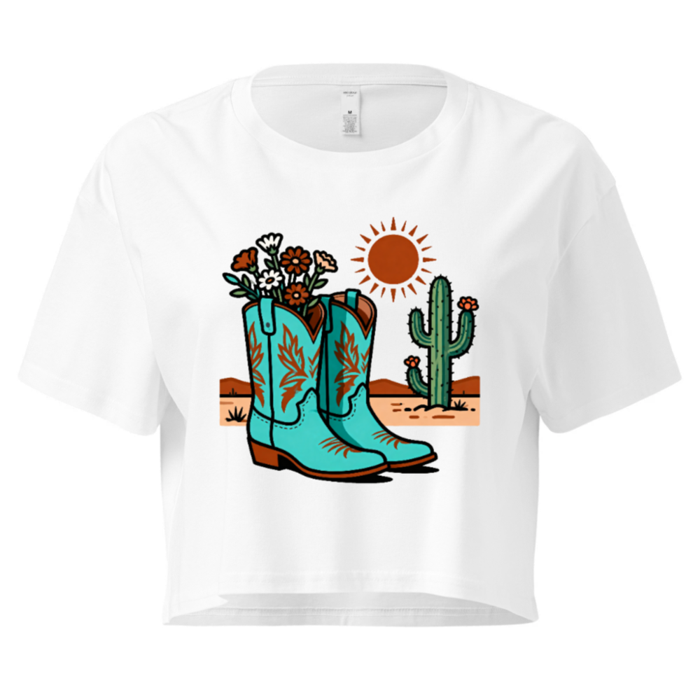 Women's Turquoise Cowboy Boots & Cactus Crop Top | Western Floral Desert Design