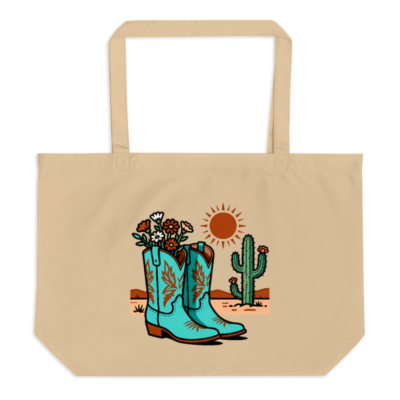 Organic Tote Bag with Cowboy Boots & Cactus Design | Eco-Friendly Large Canvas Bag