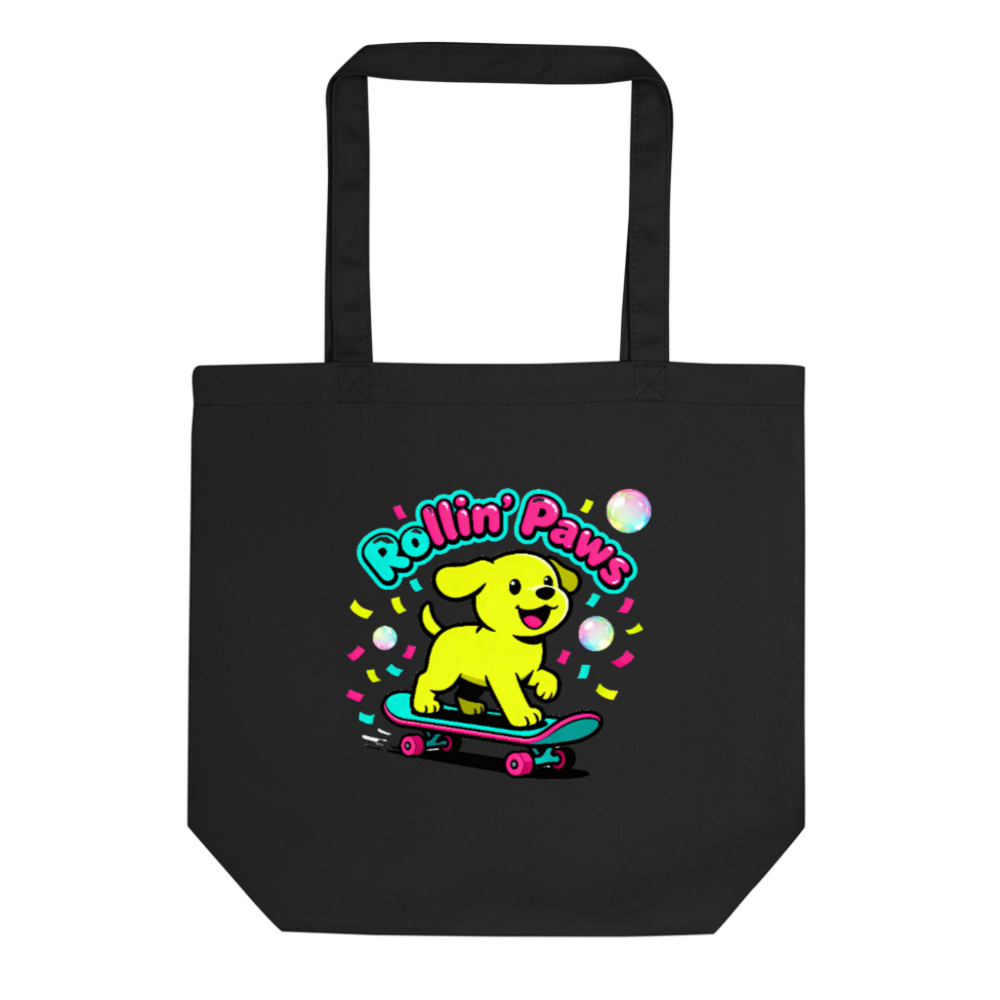 Eco Black Tote Bag | Rollin' Paws Dog Skateboard Design