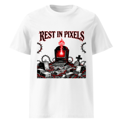 Rest in Pixels T-Shirt | Unisex Organic Cotton Tee with Gothic Tech Graveyard Design