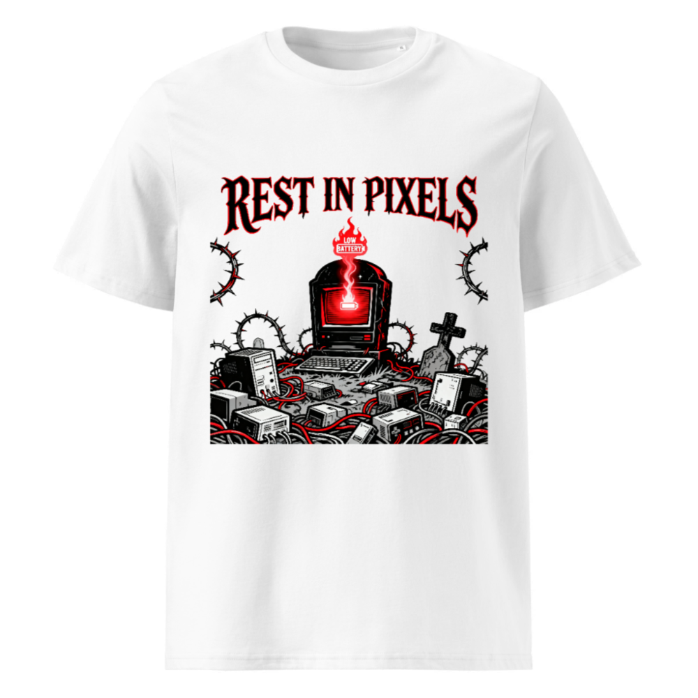 Rest in Pixels T-Shirt | Unisex Organic Cotton Tee with Gothic Tech Graveyard Design