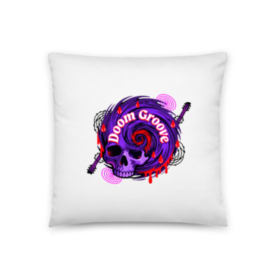 Doom Groove Skull Design Pillow 18x18 - Gothic Rock Decor, Purple Guitar & Blood Drops