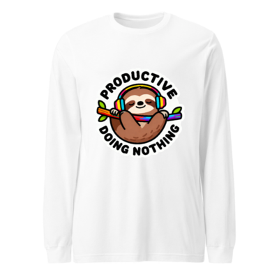 Productive Sloth Long Sleeve Tee | Unisex Rainbow Headphones & Branch Design