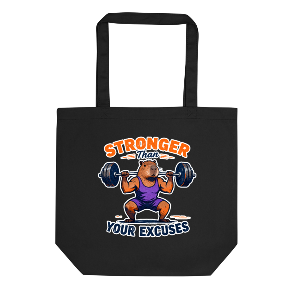 Eco Black Tote Bag | Stronger Than Your Excuses Capybara Gym Design