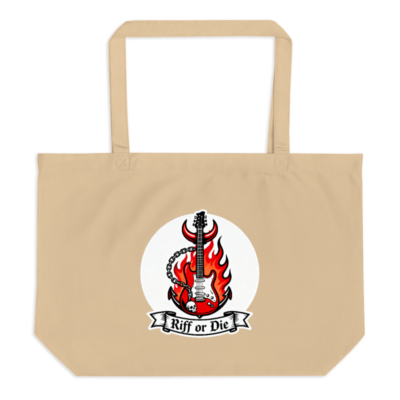 Large Organic Tote Bag | Riff or Die Guitar Flame Design - Eco-Friendly Canvas