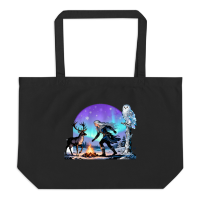 Large Black Organic Tote Bag | Reindeer & Owl Winter Scene | Eco-Friendly Canvas