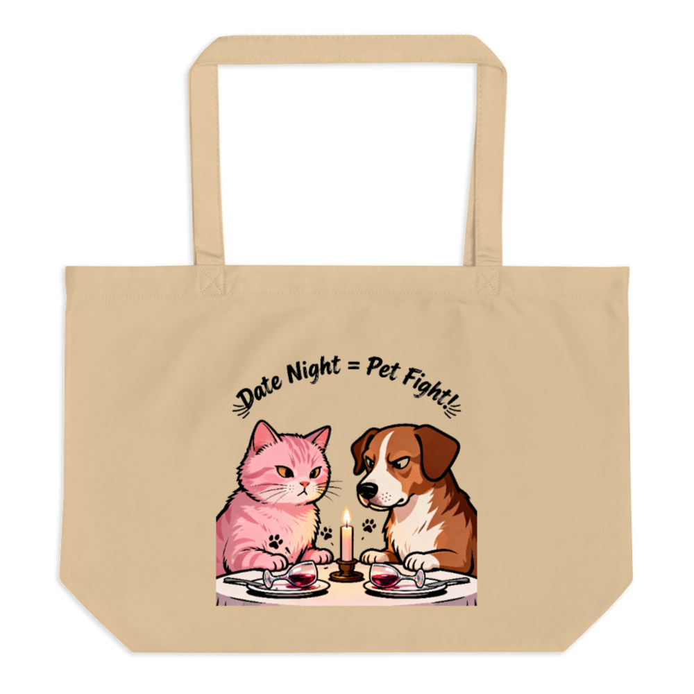 Organic Tote Bag with Pet Fight Date Night Design - Large Eco-Friendly Canvas Tote