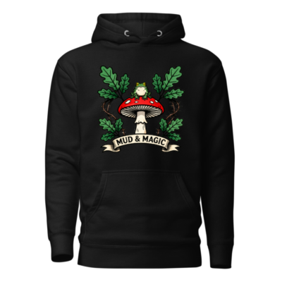 Mud & Magic Unisex Premium Pullover Hoodie - Frog on Red Mushroom Design