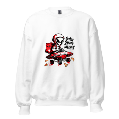 Outer Space Takeout Unisex Crew Neck Sweatshirt | Red Alien Pizza Delivery