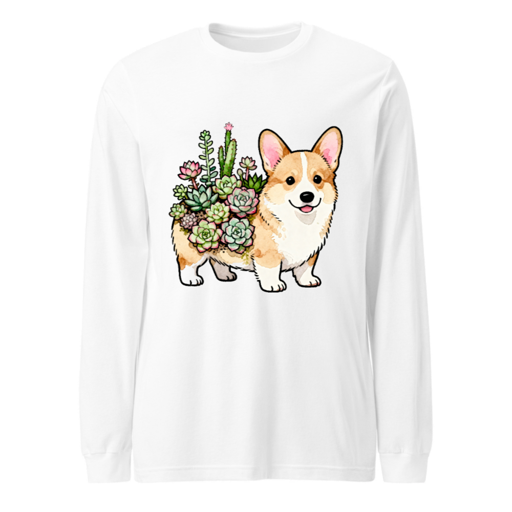 Corgi with Succulents Unisex Long Sleeve Tee - Cute Dog Plant Design