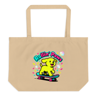 Organic Tote Bag with Rollin' Paws Puppy Skateboard Design | Large Eco-Friendly Cotton Bag