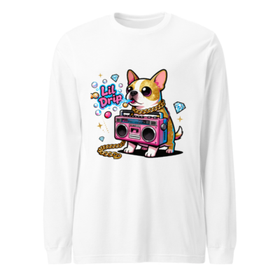 Lil Drip Dog Boombox Unisex Long Sleeve Tee - Pink Gold Chain & Diamonds